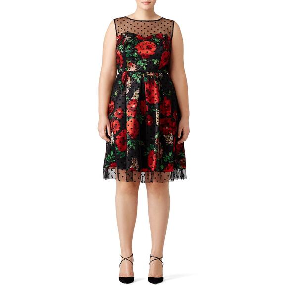 Slate & Willow Romantic Rose Floral Print Dotted Mesh Sleeveless Dress Size 14 - Picture 1 of 9